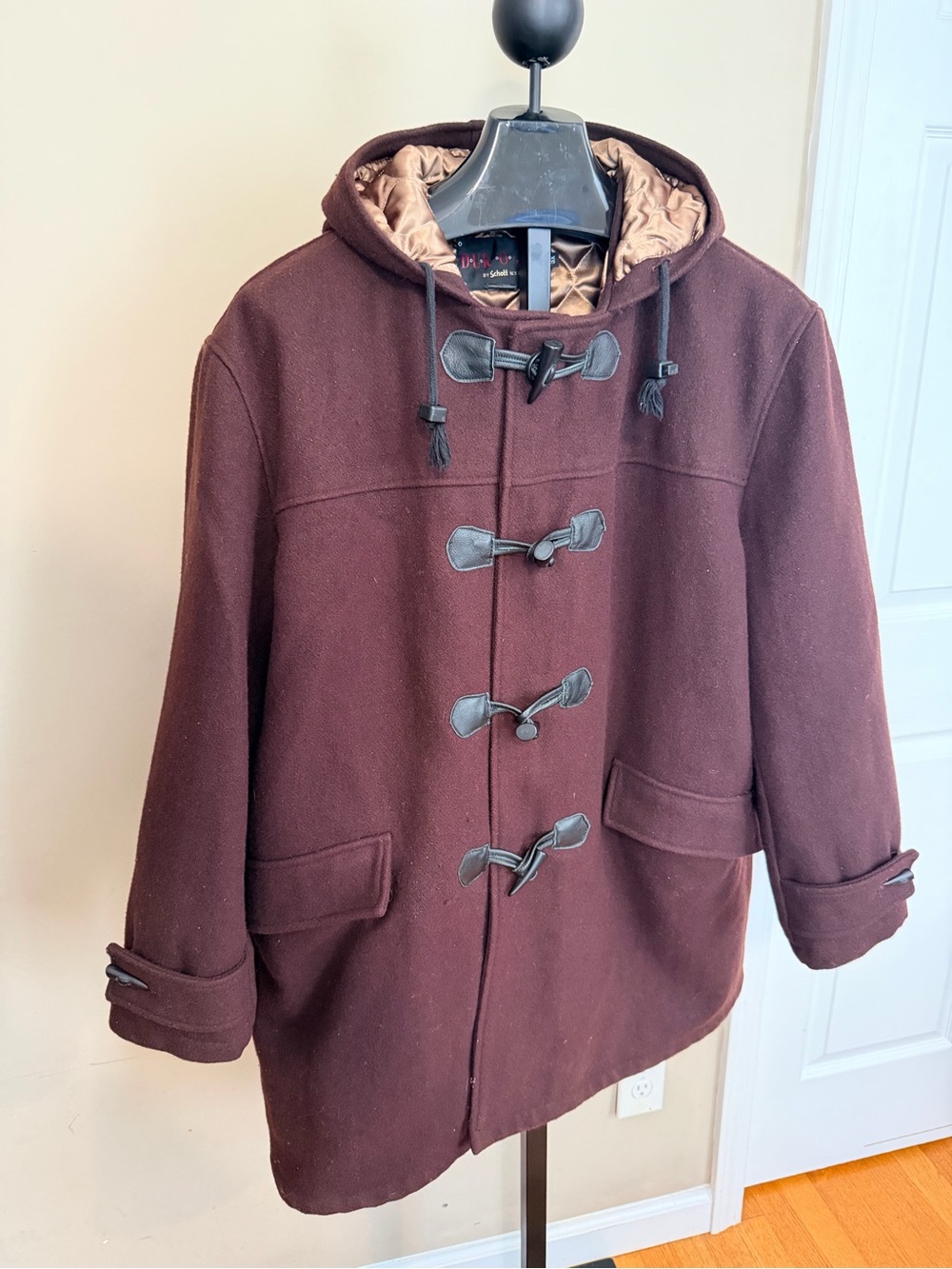 Schott NYC Hooded Toggle Pea Coat in Burgundy with Tan Lining